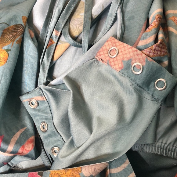 #134 Zara accessories long sleeved teal floral Faux Silk bodysuit Small - Picture 13 of 15